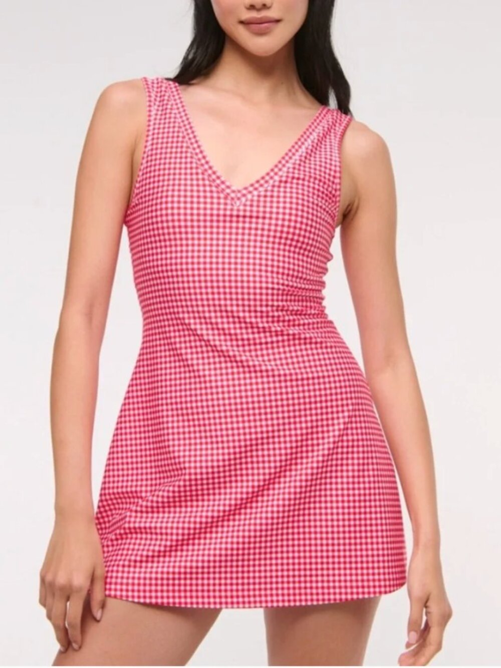 NWT Abercrombie | YPB sculptLUX V-neck Active Mini Dress Red Gingham | Size XSP